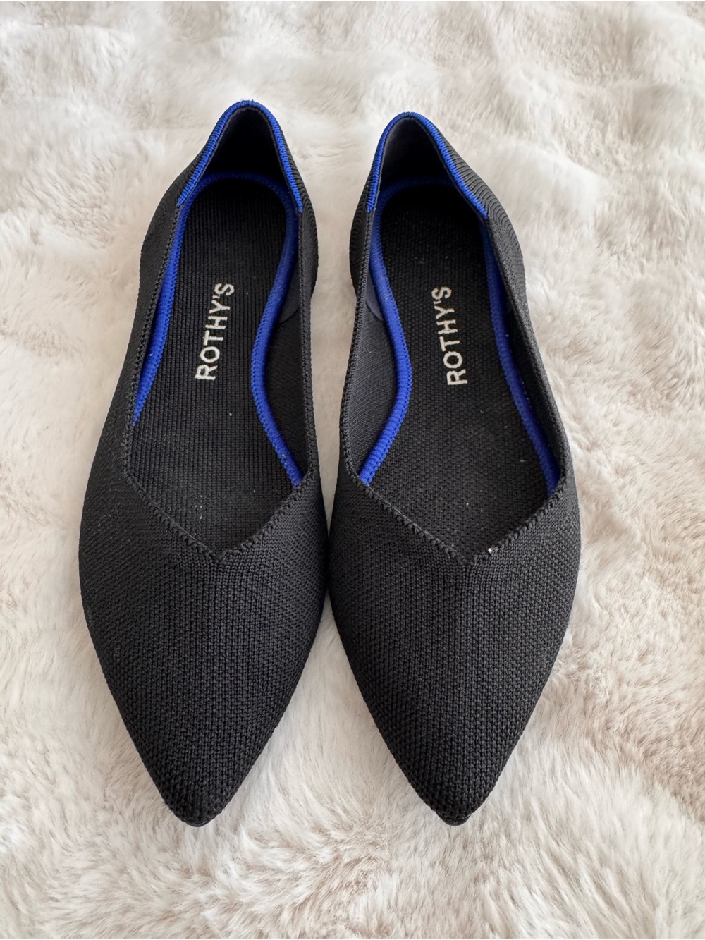 Rothy's Black Pointed Knit Flats with Blue Trim